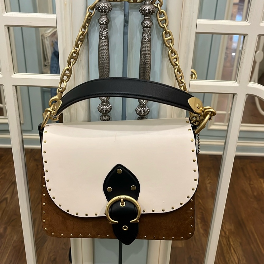 Coach Beat Bag Purse Black Brown Ivory with gold rivets.